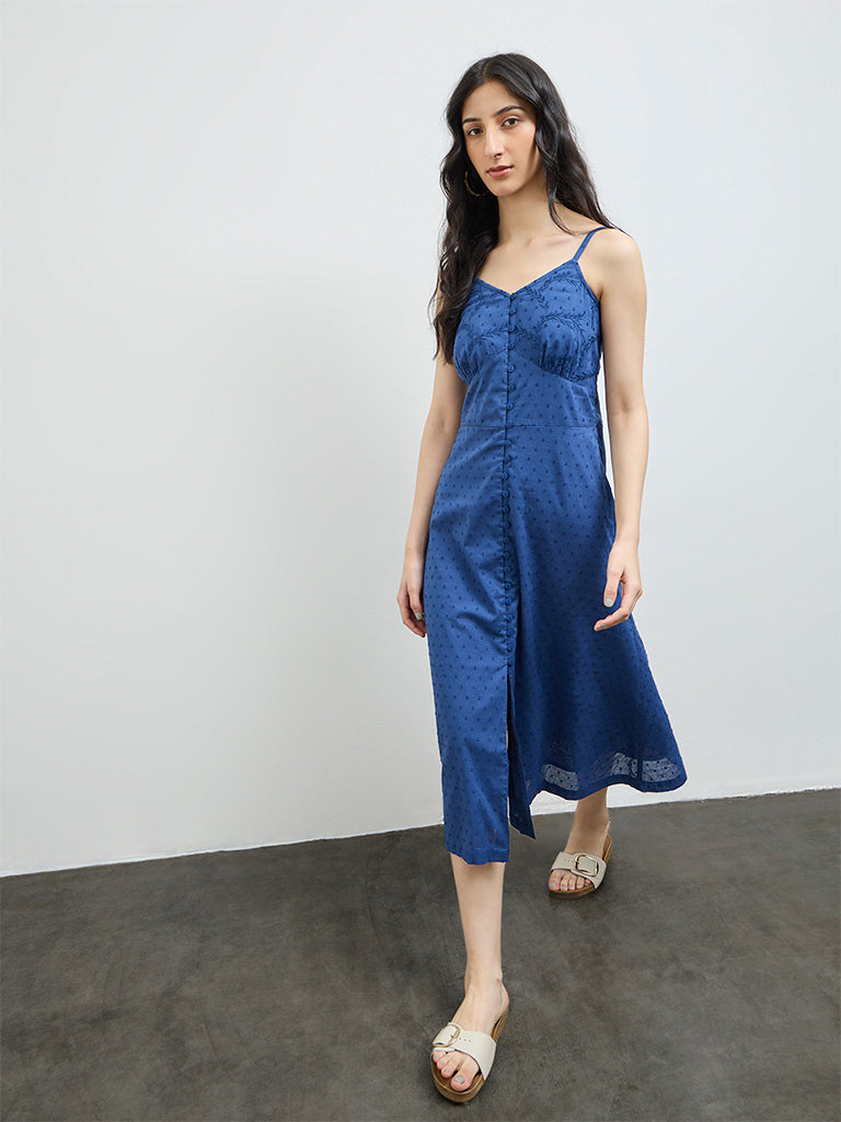 Bombay Paisley Indigo Embroidered Cotton A-Line Dress