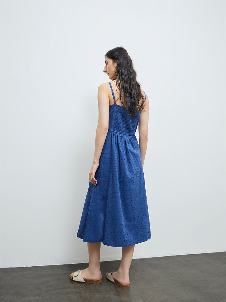 Bombay Paisley Indigo Embroidered Cotton A-Line Dress