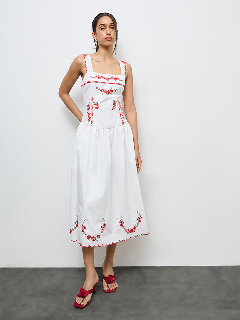 LOV White Floral Embroidered Cotton A-Line Dress