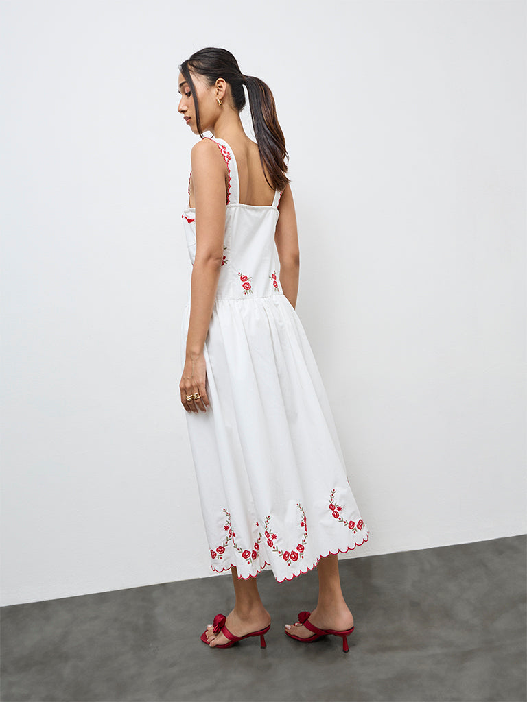 LOV White Floral Embroidered Cotton A-Line Dress