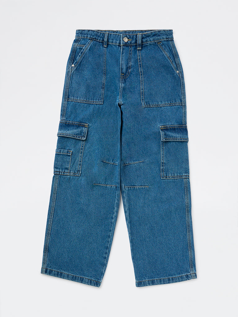 Y&F Kids Boys Blue Mid-Wash Cargo-Style Mid-Rise Jeans