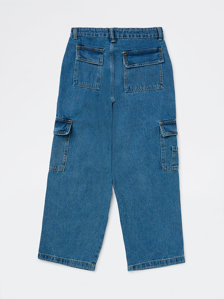 Y&F Kids Boys Blue Mid-Wash Cargo-Style Mid-Rise Jeans