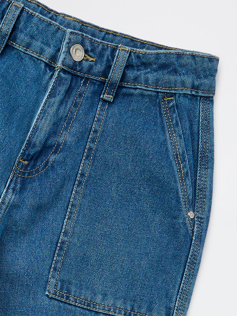 Y&F Kids Boys Blue Mid-Wash Cargo-Style Mid-Rise Jeans