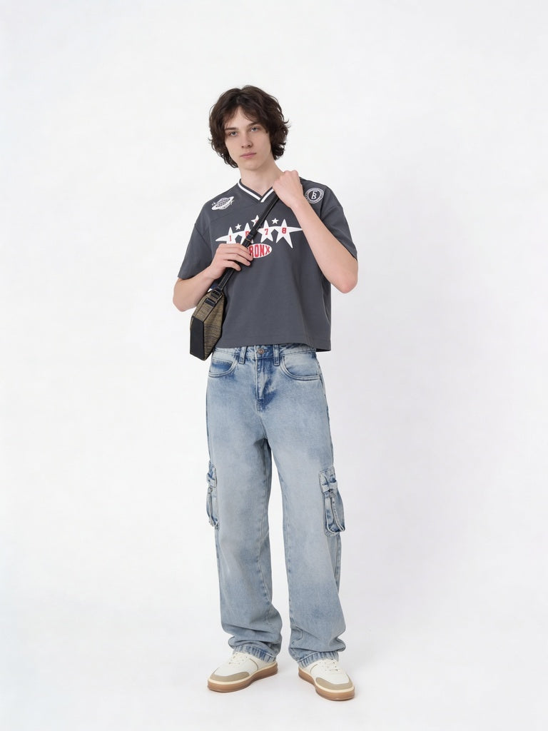 Y&F Kids Boys Light Blue Cargo Pocket Skater-Fit Jeans