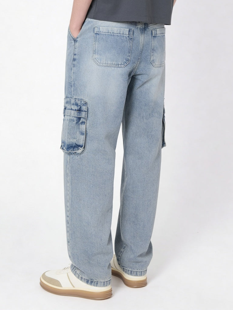 Y&F Kids Boys Light Blue Cargo Pocket Skater-Fit Jeans