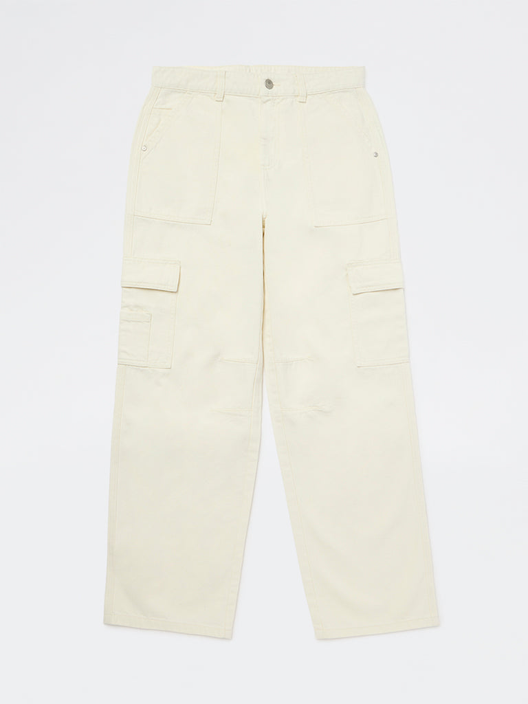 Y&F Kids Boys Off-White Mid-Rise Relaxed-Fit Jeans
