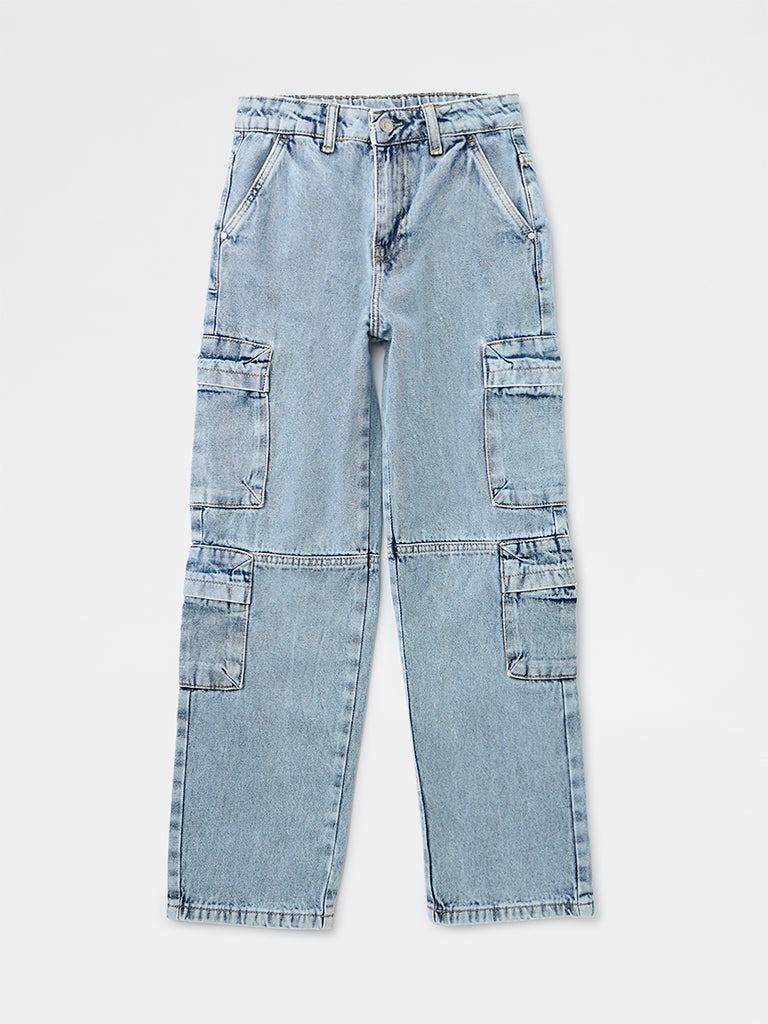 Y&F Kids Boys Light Blue Washed Cargo Jeans