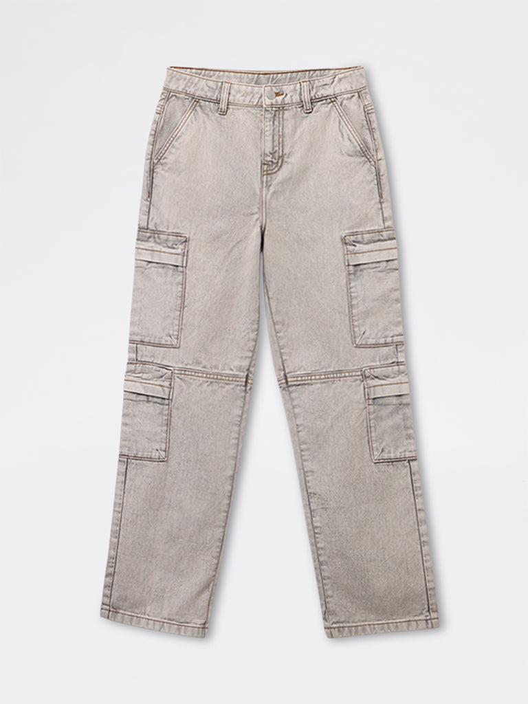 Y&F Kids Boys Light Grey Mid-Rise Relaxed-Fit Jeans