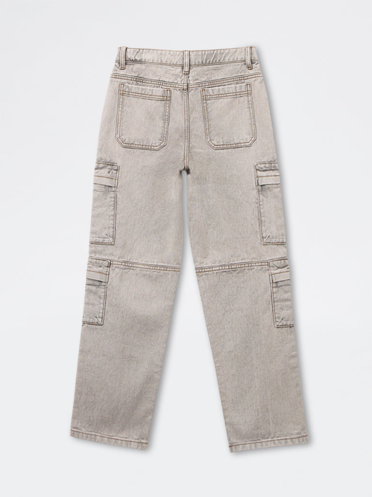 Y&F Kids Boys Light Grey Mid-Rise Relaxed-Fit Jeans