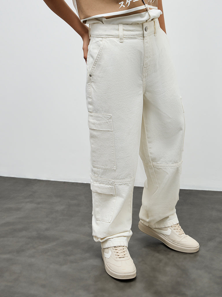 Y&F Kids Boys Off-White Mid-Rise Relaxed-Fit Jeans