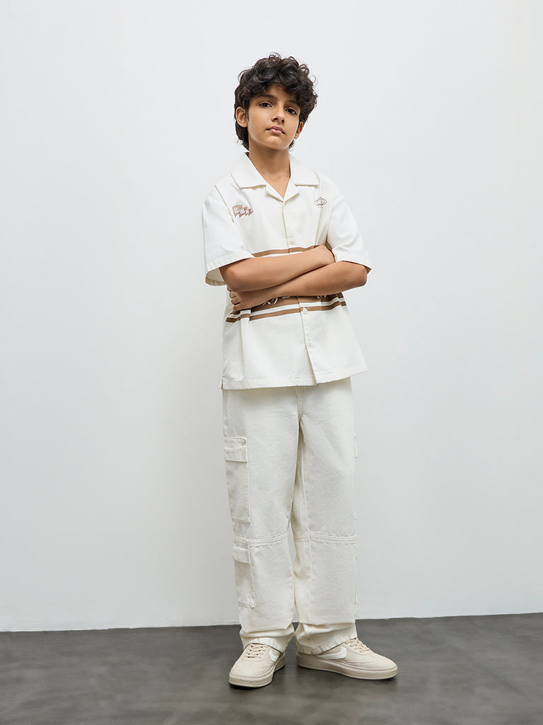 Y&F Kids Boys Off-White Mid-Rise Relaxed-Fit Jeans