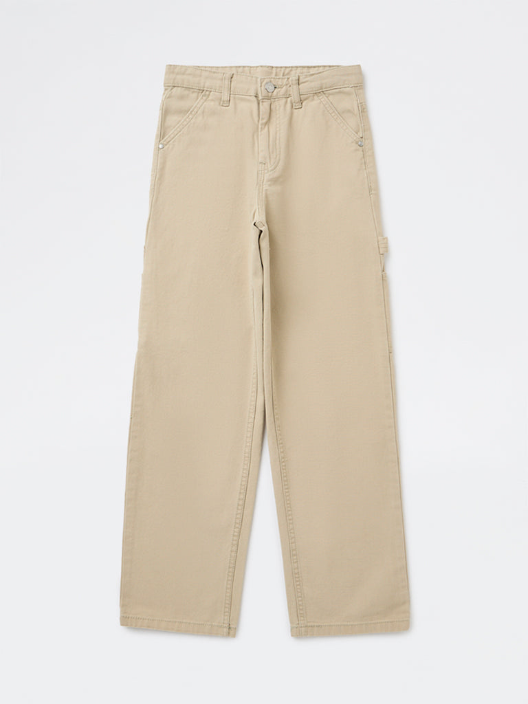 Y&F Kids Boys Beige Solid Mid-Rise Denim Trousers