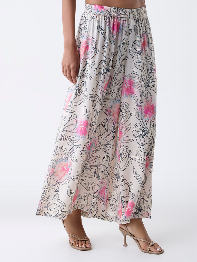 Zuba Off-White Floral Pattern Pants