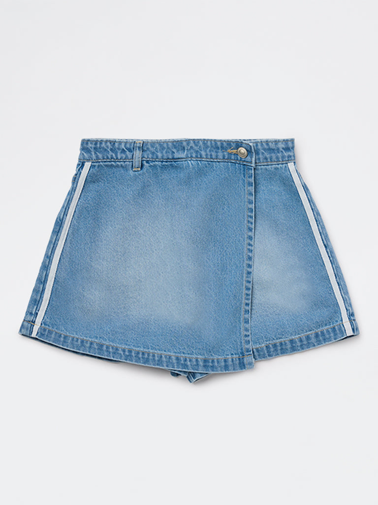 Y&F Kids Girls Blue Faded High-Rise Denim Skorts