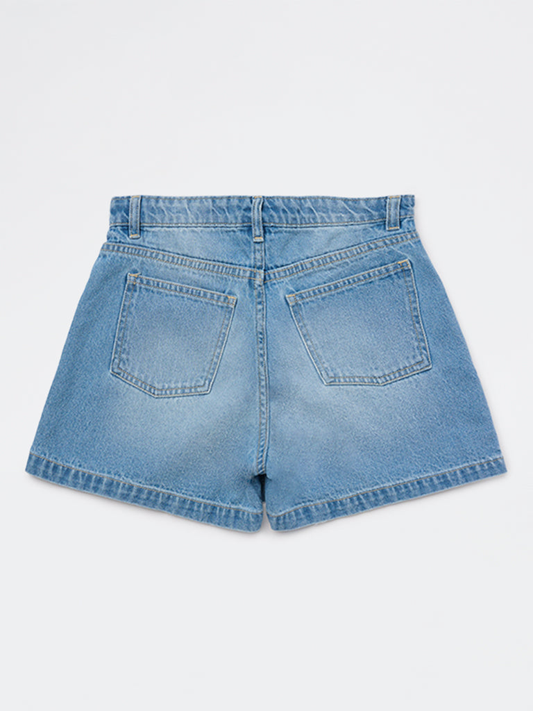 Y&F Kids Girls Blue Faded High-Rise Denim Skorts