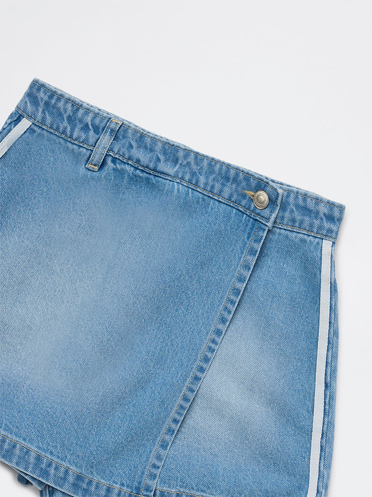 Y&F Kids Girls Blue Faded High-Rise Denim Skorts