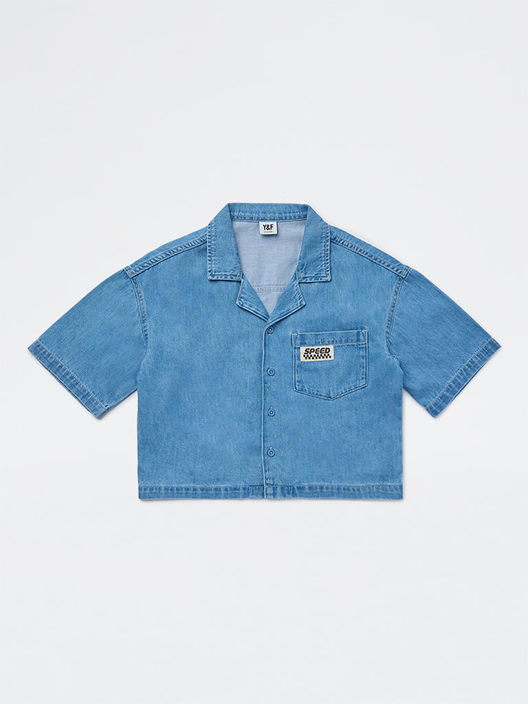 Y&F Kids Girls Blue Text Design Denim Shirt