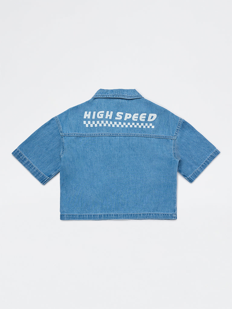 Y&F Kids Girls Blue Text Design Denim Shirt