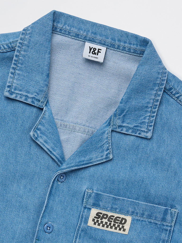 Y&F Kids Girls Blue Text Design Denim Shirt