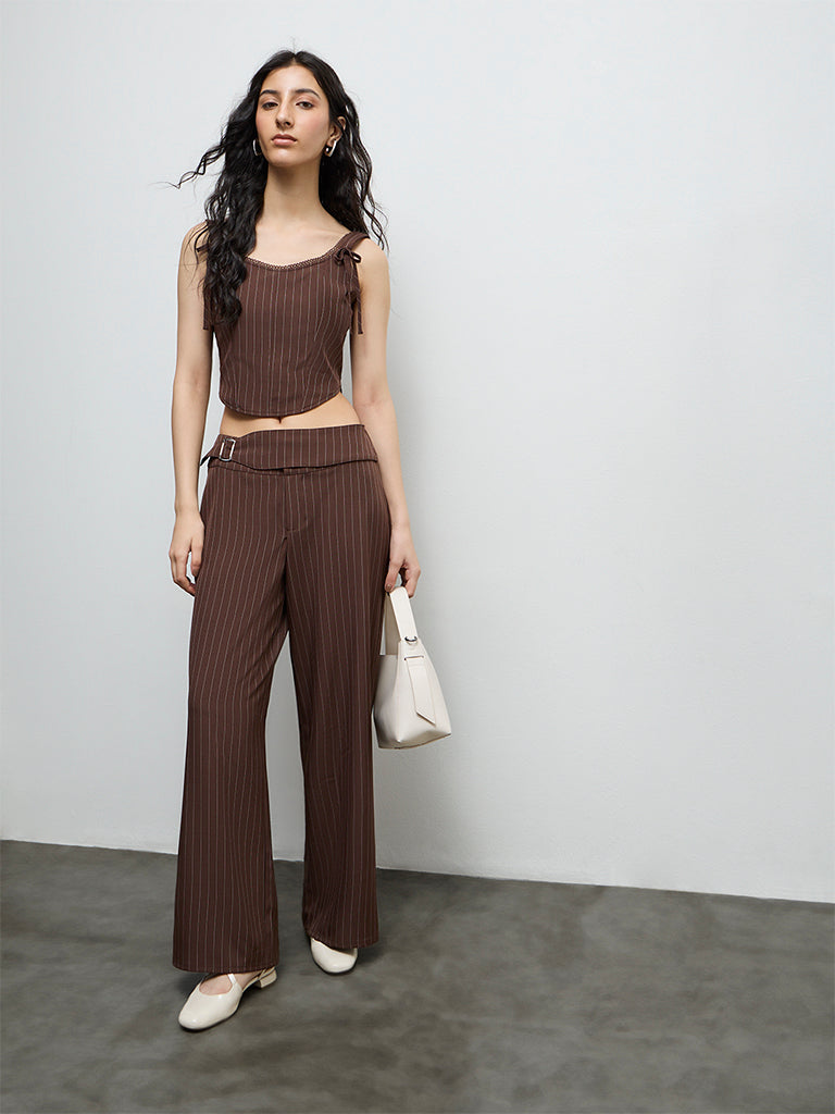 Nuon Dark Brown Striped High-Rise Pants