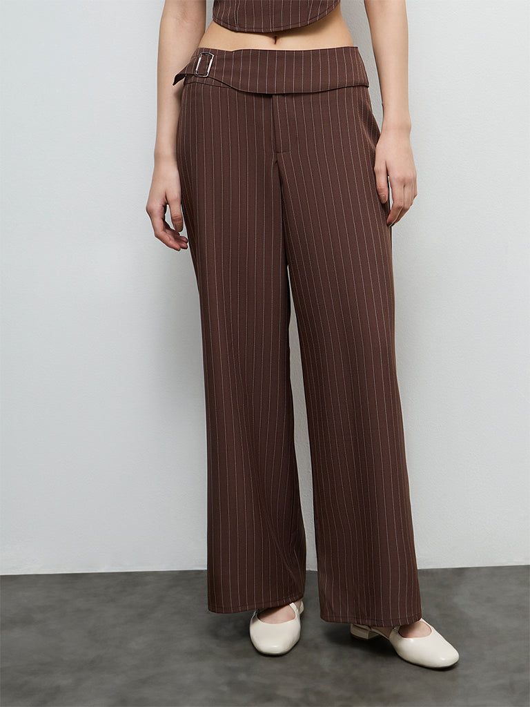 Nuon Dark Brown Striped High-Rise Pants