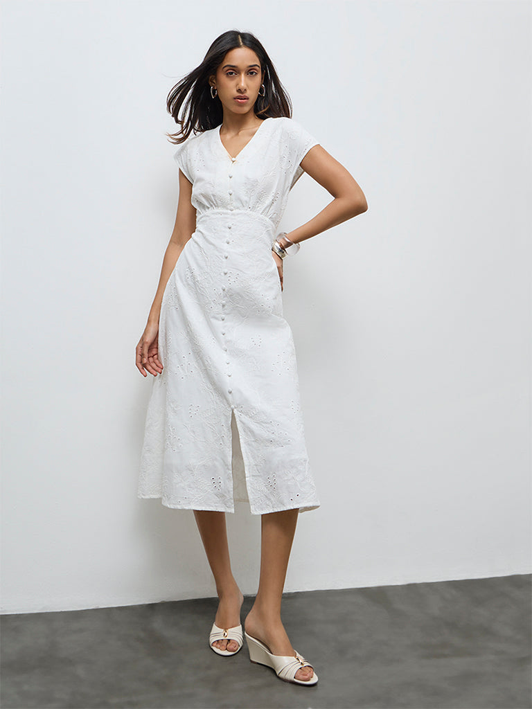 LOV White Floral Embroidered Cotton A-Line Dress