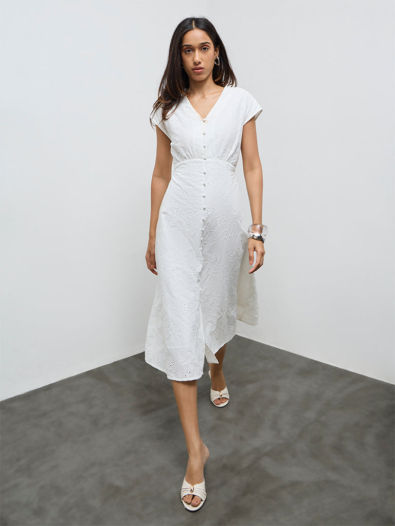 LOV White Floral Embroidered Cotton A-Line Dress
