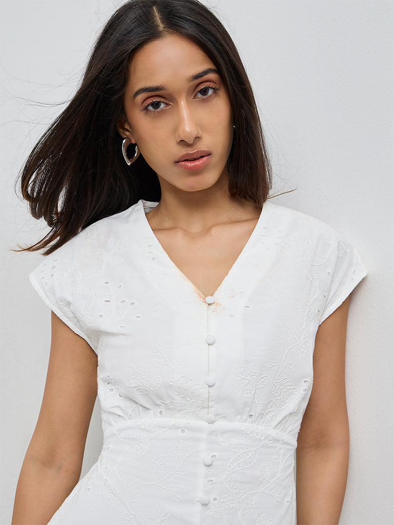LOV White Floral Embroidered Cotton A-Line Dress