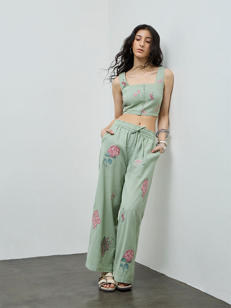 Bombay Paisley Sage Floral Embroidered Cotton-Blend Top