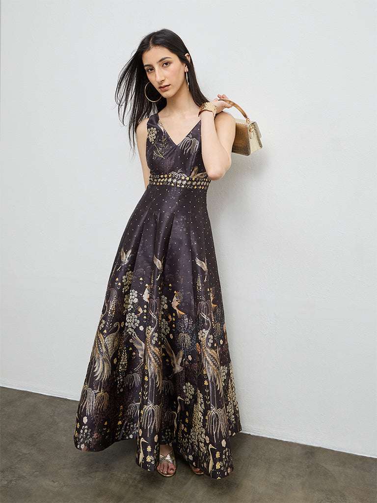 Vark Black Printed A-Line Dress