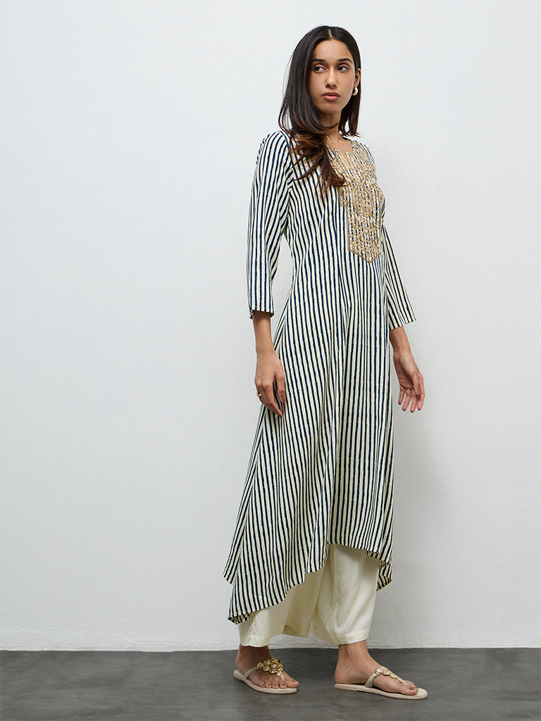Utsa Teal Striped A-Line Kurta