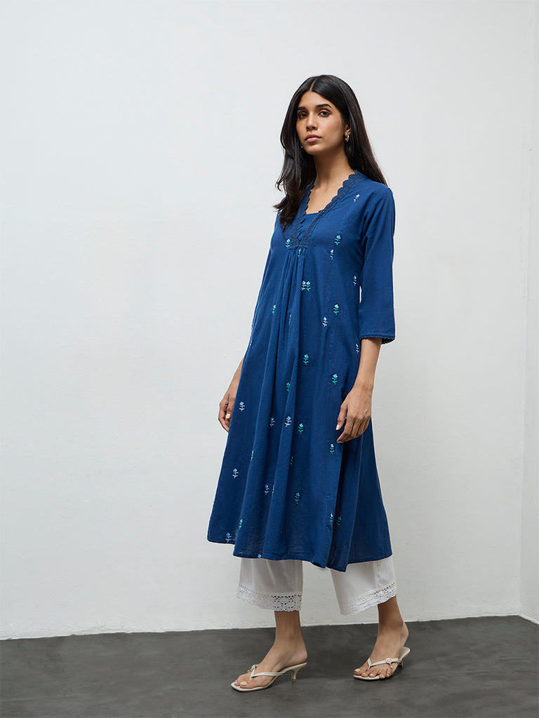 Utsa Indigo Floral Embroidered Cotton A-Line Kurta