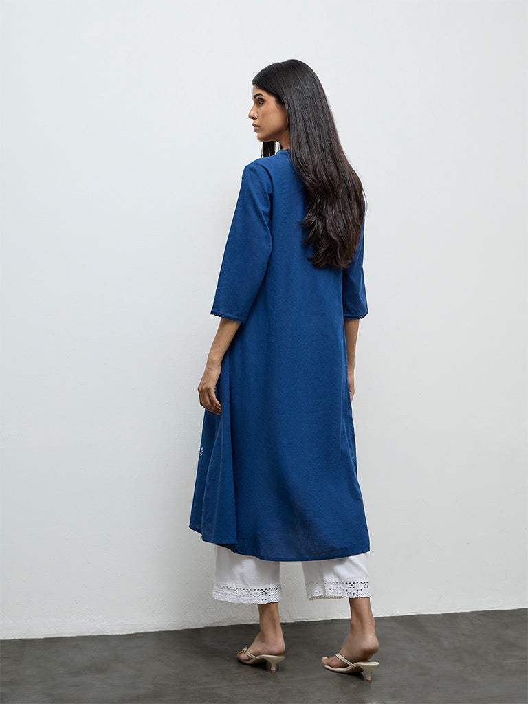 Utsa Indigo Floral Embroidered Cotton A-Line Kurta