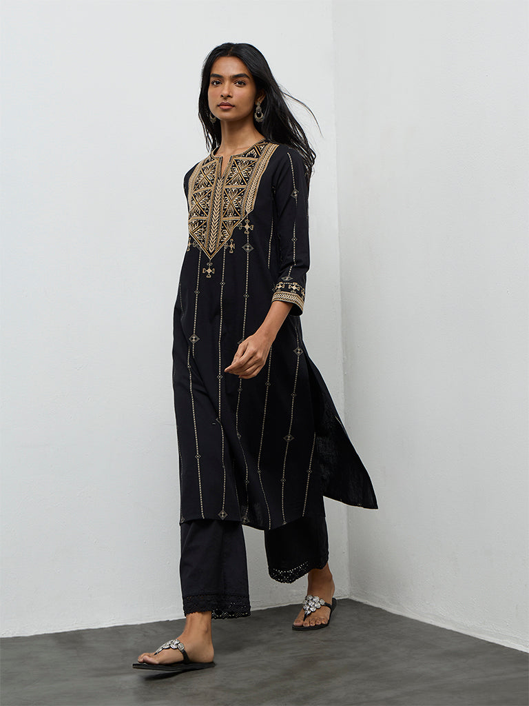 Utsa Black Embroidered Cotton-Blend A-Line Kurta