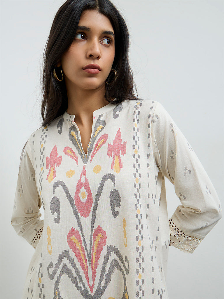 Utsa Off-White Ikat Printed Cotton-Blend A-Line Kurta