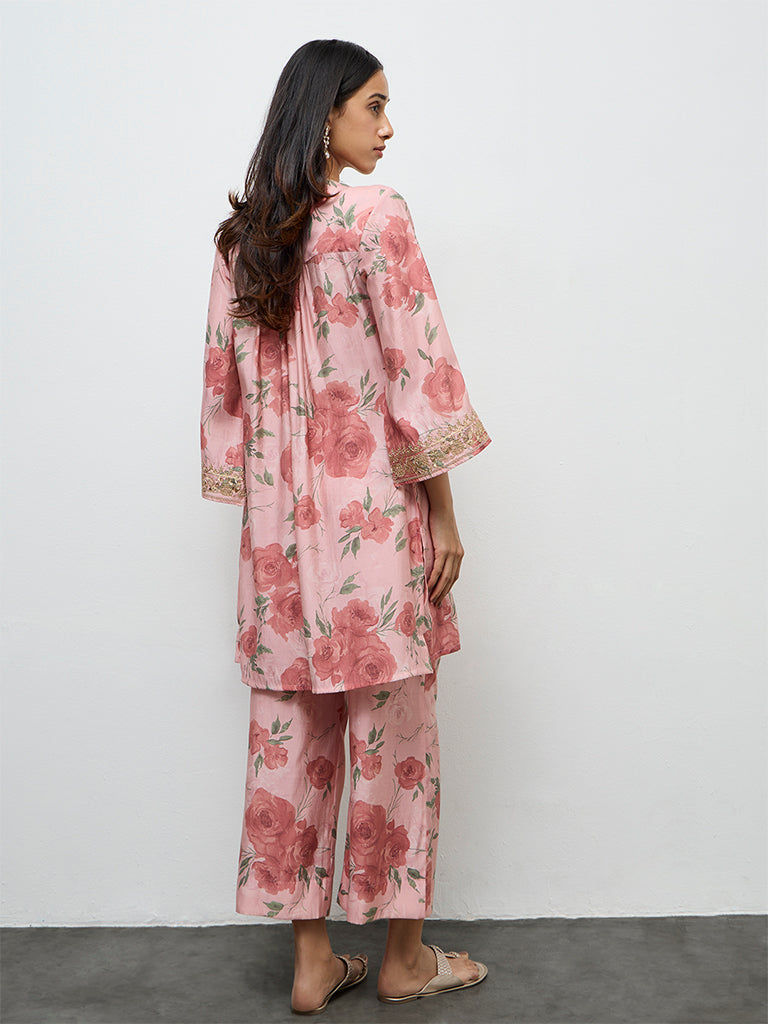 Utsa Dusty Pink Botanical Design A-Line Kurta