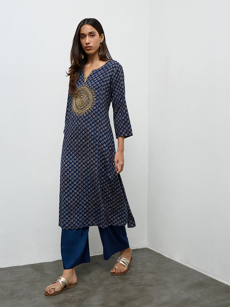 Utsa Indigo Embroidered A-Line Kurta