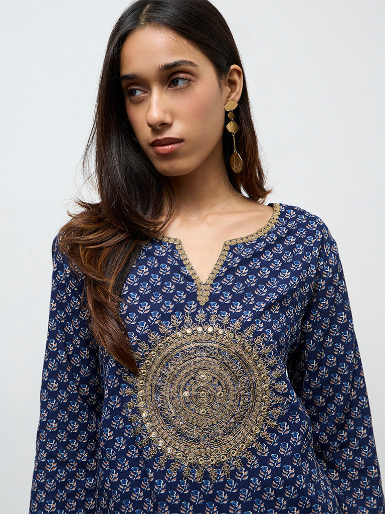 Utsa Indigo Embroidered A-Line Kurta