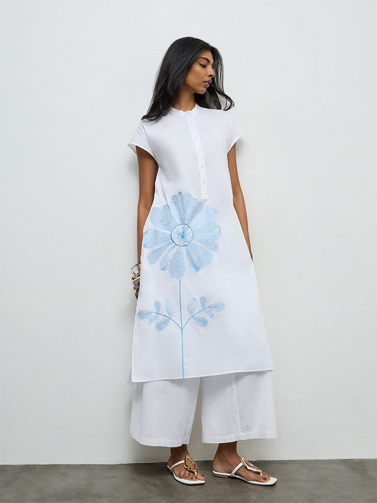 Utsa White Floral Embroidered Cotton A-Line Kurta
