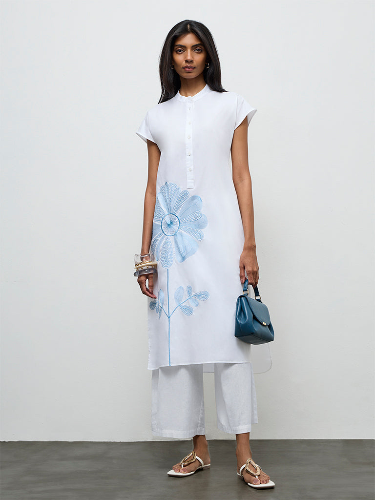 Utsa White Floral Embroidered Cotton A-Line Kurta