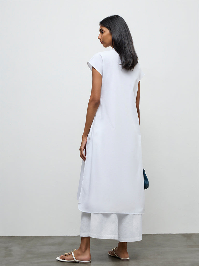 Utsa White Floral Embroidered Cotton A-Line Kurta
