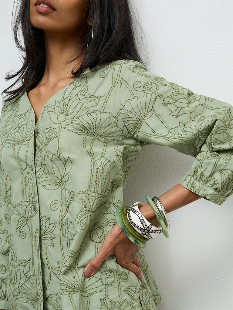 Utsa Sage Floral Embroidered Cotton Tunic