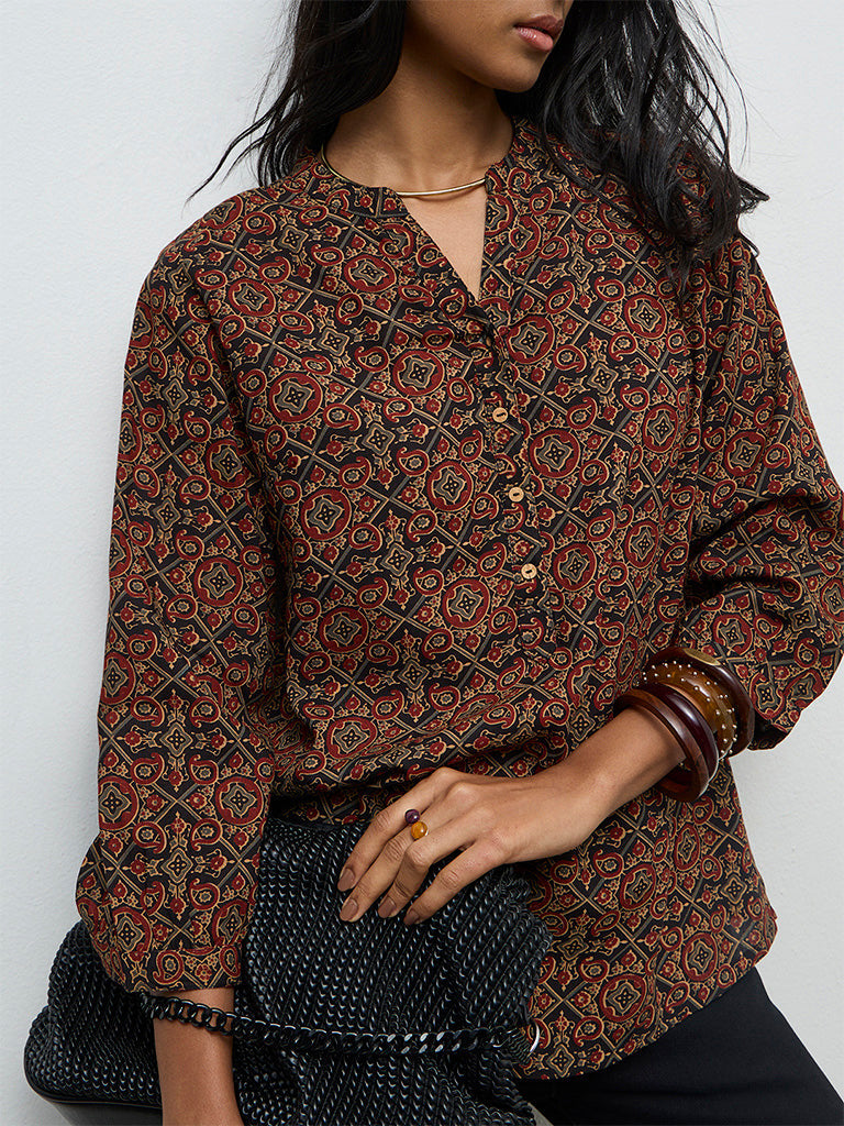 Utsa Black Printed Cotton-Blend Tunic