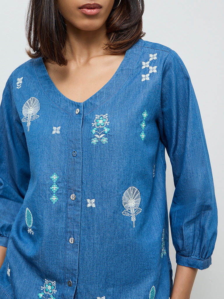 Utsa Blue Embroidered Denim Tunic