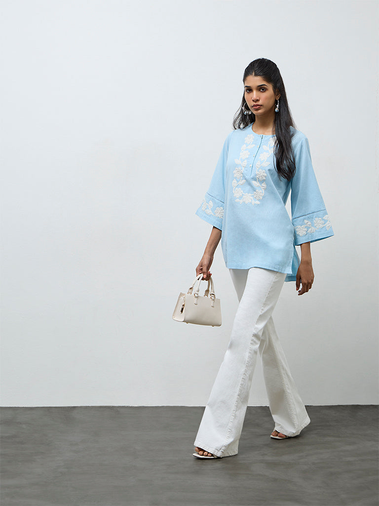 Utsa Blue Floral Embroidered Cotton-Blend Tunic