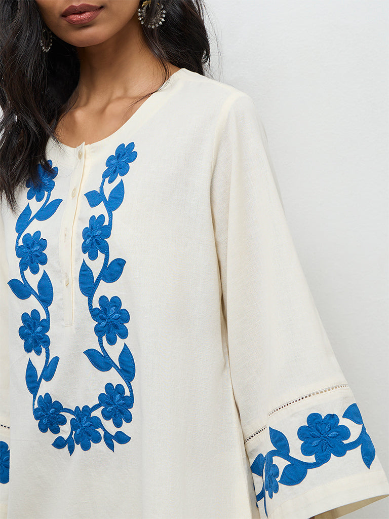 Utsa Off-White Floral Embroidered Cotton-Blend Tunic