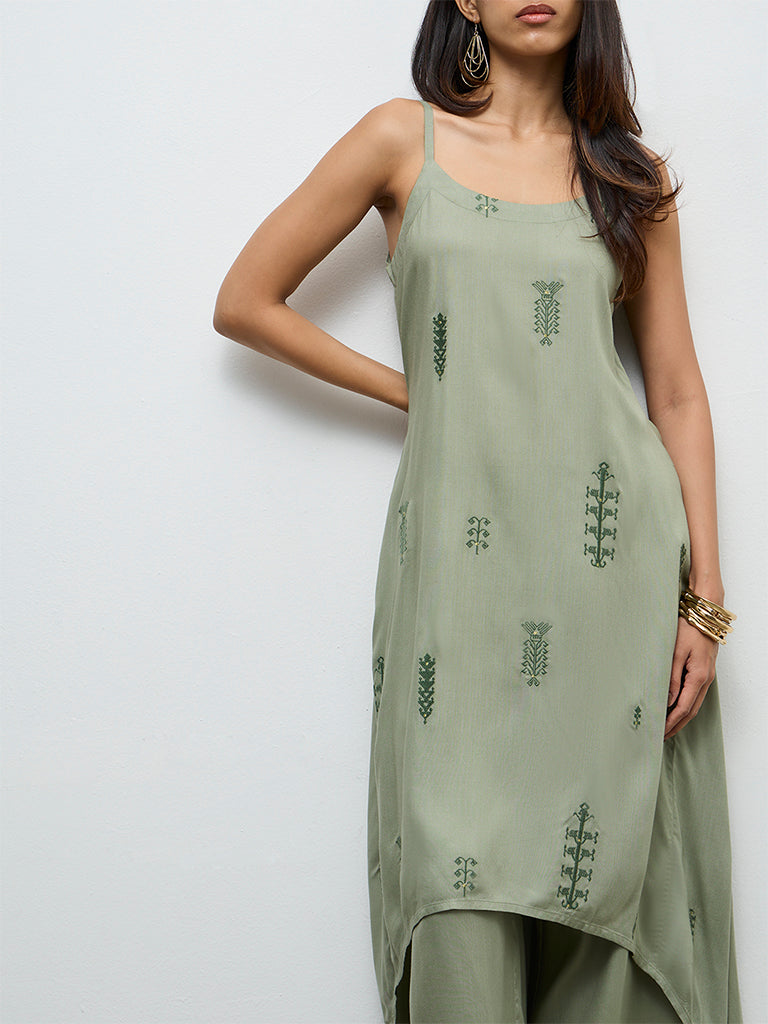 Utsa Olive Embroidered A-Line Kurta