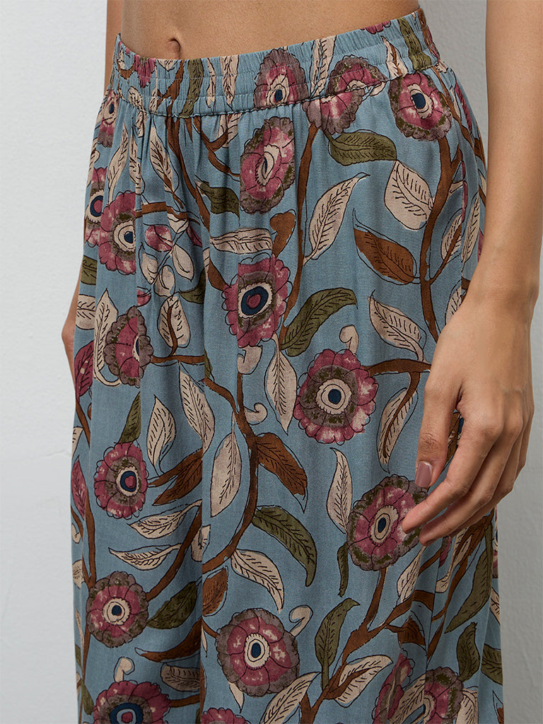 Utsa Dusty Blue Foliage Pattern Palazzos