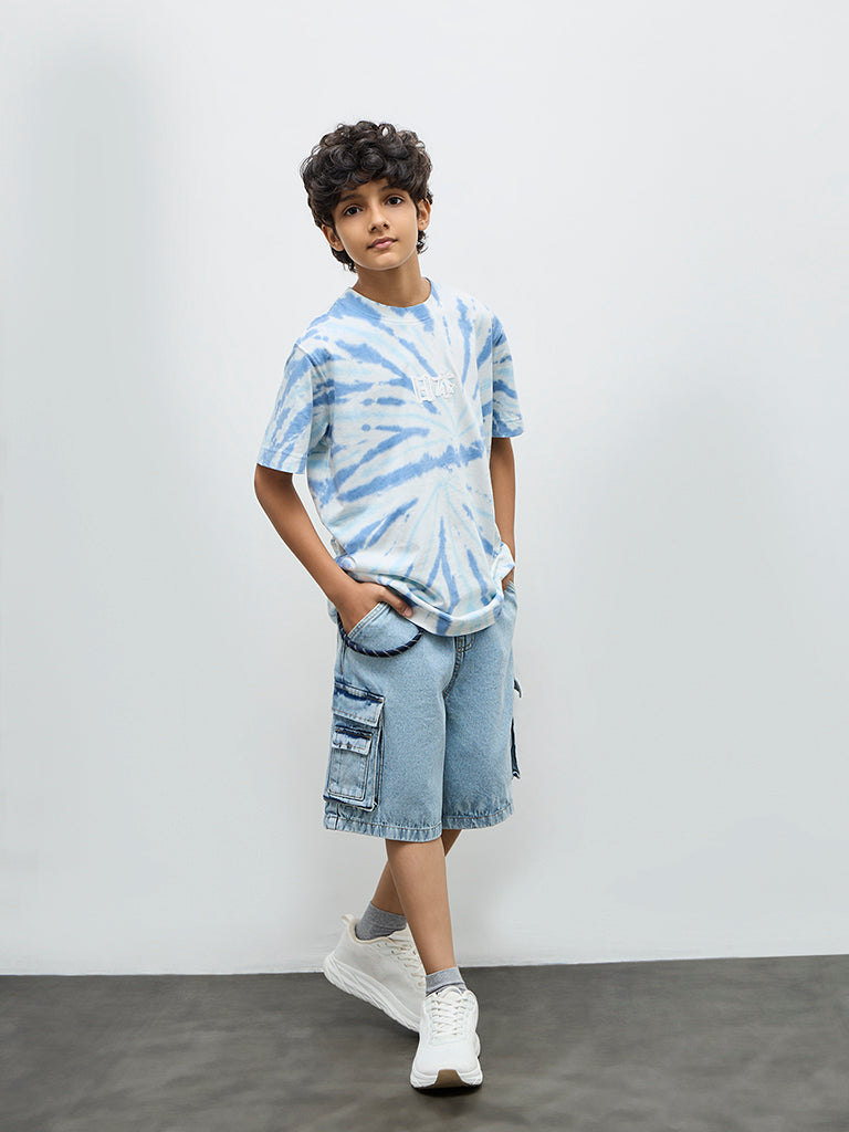 Y&F Kids Boys Blue Tie-Dye Cotton T-Shirt