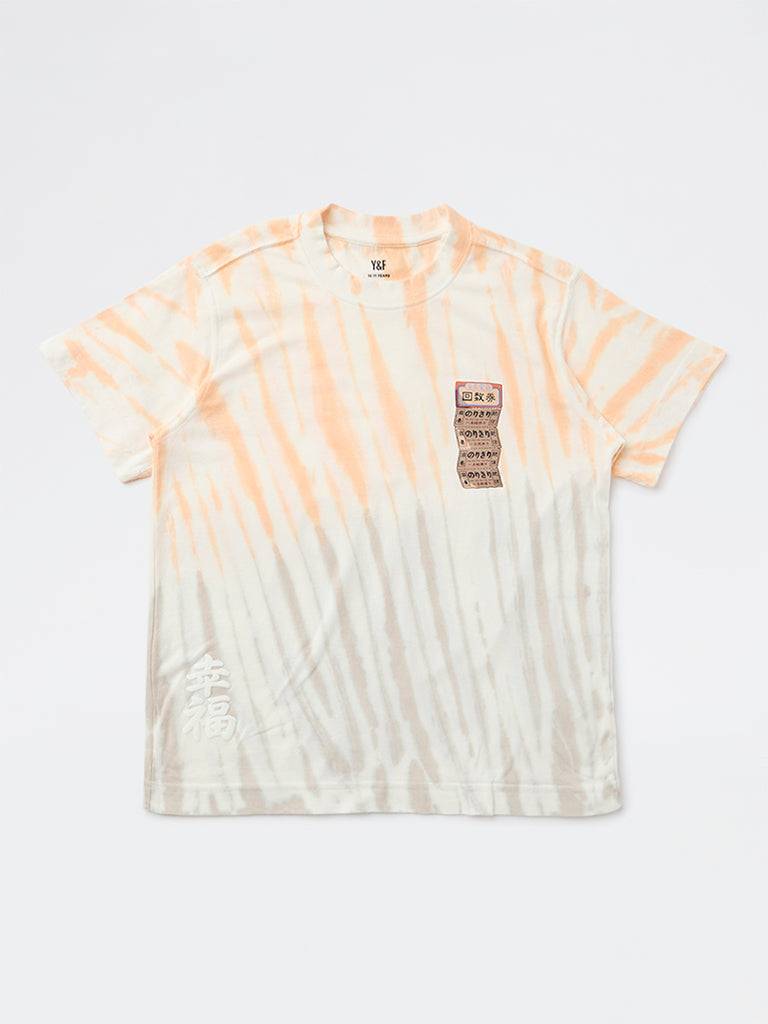 Y&F Kids Boys Orange Tie-Dye Pattern Cotton T-Shirt
